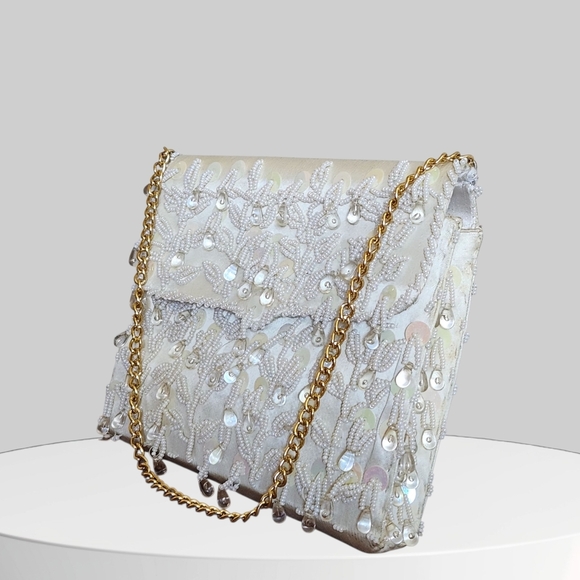Chic Cream Beaded Clutch with Gold Chain - Picture 3 of 13